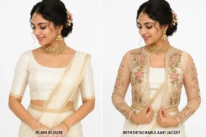 Premium 2 in 1 Invisible Aari Jacket with ivory transparent organza and handcrafted rose floral embroidery for bridal wear, custom tailoring and online Aari work.