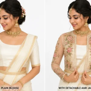 Premium 2 in 1 Invisible Aari Jacket with ivory transparent organza and handcrafted rose floral embroidery for bridal wear, custom tailoring and online Aari work.