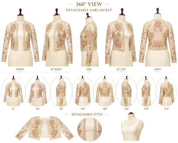 Premium 2 in 1 Invisible Aari Jacket with ivory transparent organza and handcrafted rose floral embroidery for bridal wear, custom tailoring and online Aari work. 360 view