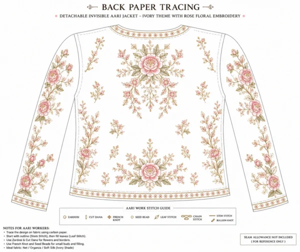 Premium 2 in 1 Invisible Aari Jacket with ivory transparent organza and handcrafted rose floral embroidery for bridal wear, custom tailoring and online Aari work back paper tracing