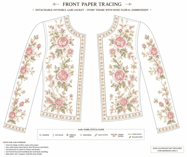Premium 2 in 1 Invisible Aari Jacket with ivory transparent organza and handcrafted rose floral embroidery for bridal wear, custom tailoring and online Aari work front paper tracing