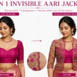 2 in 1 Invisible Aari Jacket with transparent organza and magenta rose floral Aari embroidery for South Indian bridal blouse transformation