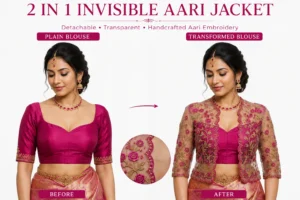 2 in 1 Invisible Aari Jacket with transparent organza and magenta rose floral Aari embroidery for South Indian bridal blouse transformation