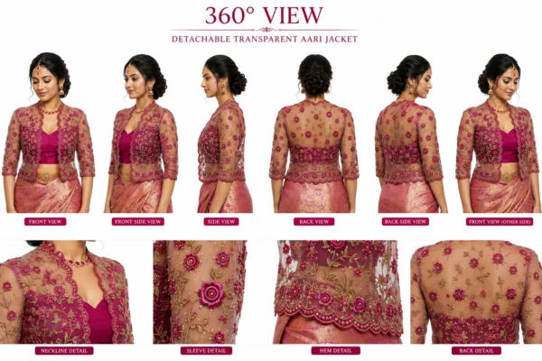 2 in 1 Invisible Aari Jacket with transparent organza and magenta rose floral Aari embroidery for South Indian bridal blouse transformation 360 view