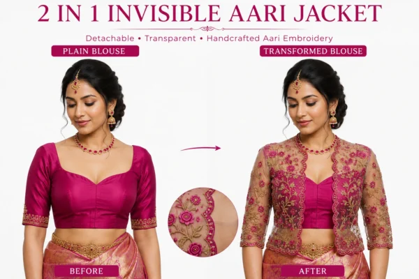 2 in 1 Invisible Aari Jacket with transparent organza and magenta rose floral Aari embroidery for South Indian bridal blouse transformation