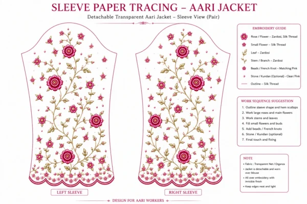 2 in 1 Invisible Aari Jacket with transparent organza and magenta rose floral Aari embroidery for South Indian bridal blouse transformation Sleeve paper tracing