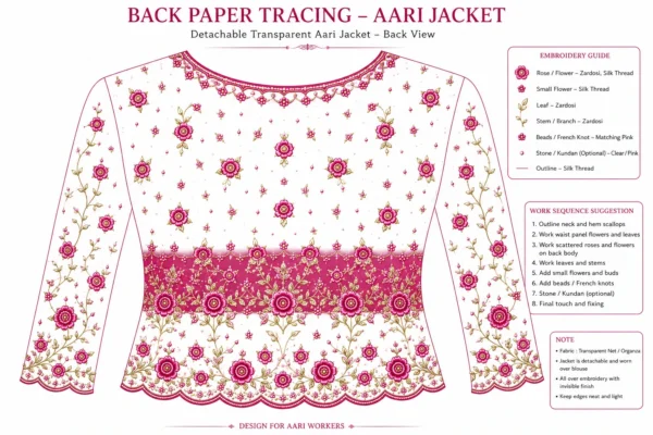 2 in 1 Invisible Aari Jacket with transparent organza and magenta rose floral Aari embroidery for South Indian bridal blouse transformation back paper tracing