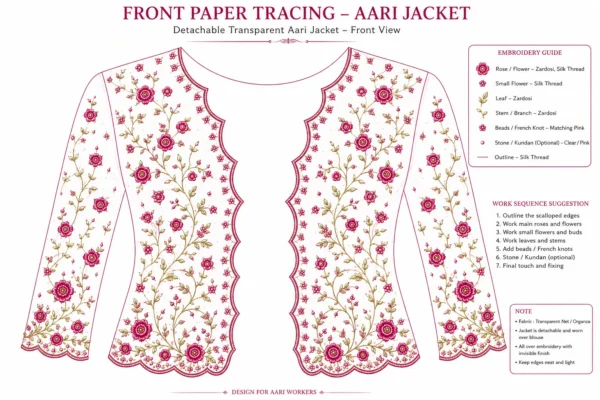 2 in 1 Invisible Aari Jacket with transparent organza and magenta rose floral Aari embroidery for South Indian bridal blouse transformation front paper tracing