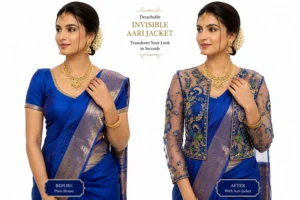 2 in 1 Invisible Aari Jacket with Royal Blue Peacock Embroidery on Transparent Organza for Bridal Blouse Custom Tailoring