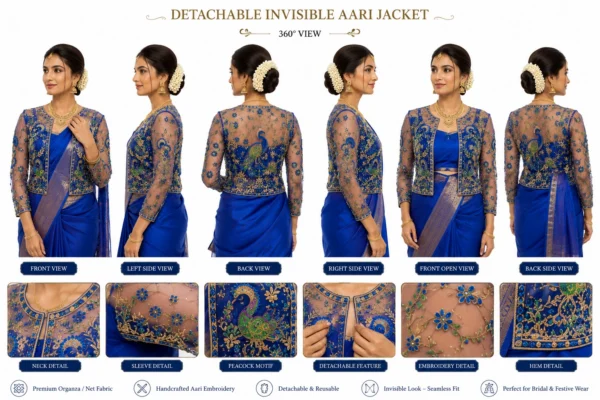 2 in 1 Invisible Aari Jacket with Royal Blue Peacock Embroidery on Transparent Organza for Bridal Blouse Custom Tailoring 360 view
