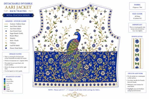 2 in 1 Invisible Aari Jacket with Royal Blue Peacock Embroidery on Transparent Organza for Bridal Blouse Custom Tailoring back tracing