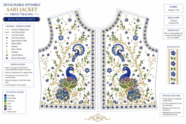 2 in 1 Invisible Aari Jacket with Royal Blue Peacock Embroidery on Transparent Organza for Bridal Blouse Custom Tailoring front tracing