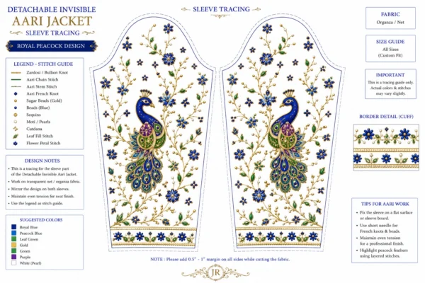 2 in 1 Invisible Aari Jacket with Royal Blue Peacock Embroidery on Transparent Organza for Bridal Blouse Custom Tailoring sleeve tracing