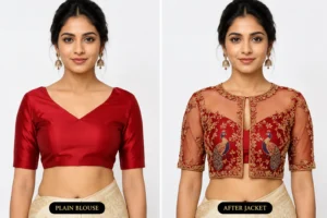 2 in 1 Invisible Aari Jacket – Ruby Red Royal Peacock Organza Detachable Bridal Jacket