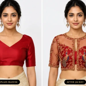 2 in 1 Invisible Aari Jacket – Ruby Red Royal Peacock Organza Detachable Bridal Jacket