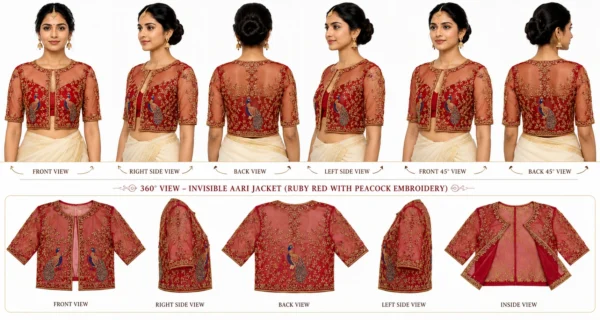 2 in 1 Invisible Aari Jacket – Ruby Red Royal Peacock Organza Detachable Bridal Jacket 360 view