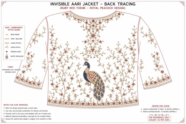 2 in 1 Invisible Aari Jacket – Ruby Red Royal Peacock Organza Detachable Bridal Jacket back tracing