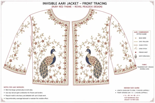 2 in 1 Invisible Aari Jacket – Ruby Red Royal Peacock Organza Detachable Bridal Jacket front tracing