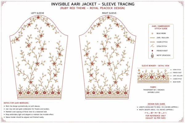 2 in 1 Invisible Aari Jacket – Ruby Red Royal Peacock Organza Detachable Bridal Jacket sleeve tracing