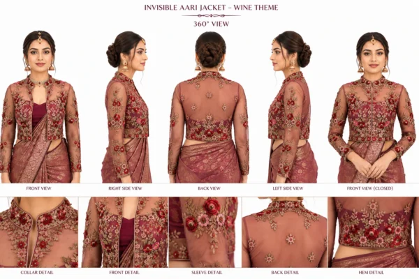 2 in 1 Wine Rose Invisible Aari Jacket Detachable Transparent Organza Aari Work Jacket 360 View