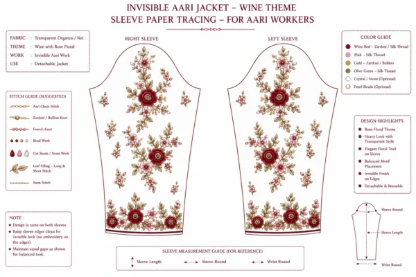2 in 1 Wine Rose Invisible Aari Jacket Detachable Transparent Organza Aari Work Jacket Sleeve Paper Tracing
