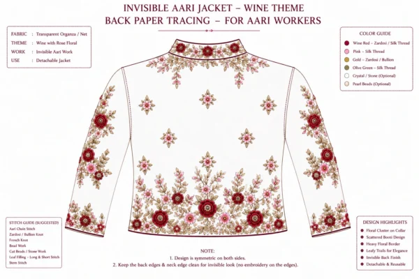 2 in 1 Wine Rose Invisible Aari Jacket Detachable Transparent Organza Aari Work Jacket back Paper Tracing