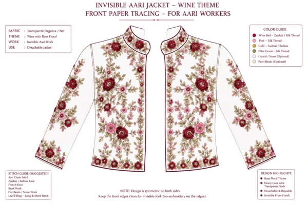 2 in 1 Wine Rose Invisible Aari Jacket Detachable Transparent Organza Aari Work Jacket Front Paper Tracing