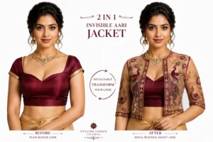 2 in 1 Invisible Aari Jacket with wine royal peacock embroidery on transparent organza detachable bridal blouse custom Aari work online