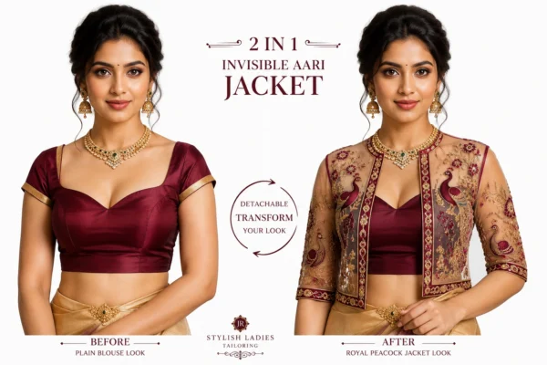 2 in 1 Invisible Aari Jacket with wine royal peacock embroidery on transparent organza detachable bridal blouse custom Aari work online