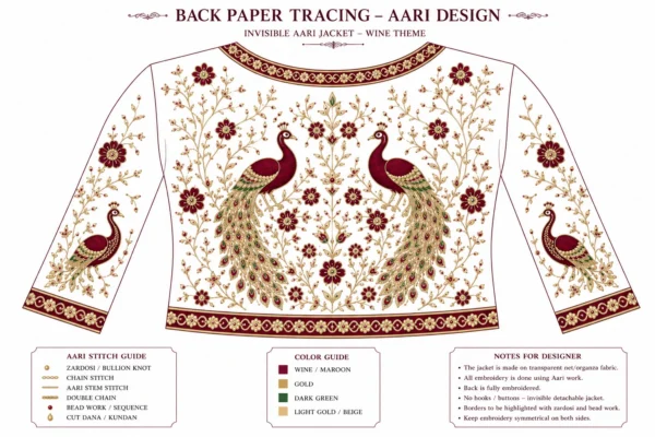 2 in 1 Invisible Aari Jacket with wine royal peacock embroidery on transparent organza detachable bridal blouse custom Aari work online back tracing