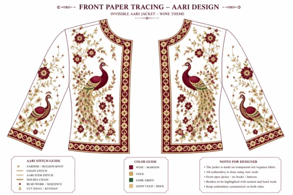 2 in 1 Invisible Aari Jacket with wine royal peacock embroidery on transparent organza detachable bridal blouse custom Aari work online front tracing