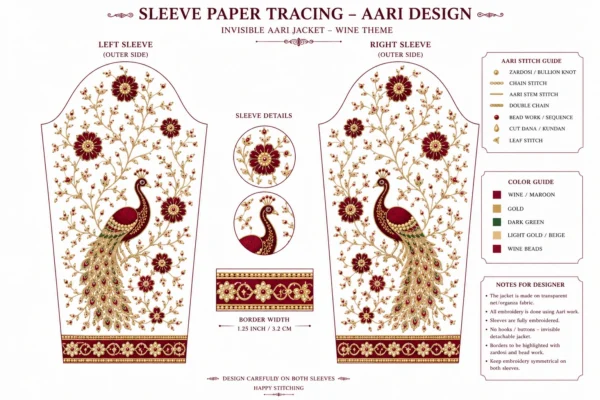 2 in 1 Invisible Aari Jacket with wine royal peacock embroidery on transparent organza detachable bridal blouse custom Aari work online sleeve tracing