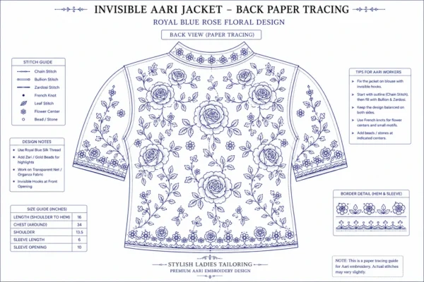 2 in 1 Invisible Aari Jacket – Royal Blue Rose Floral Detachable Aari Design back paper tracing
