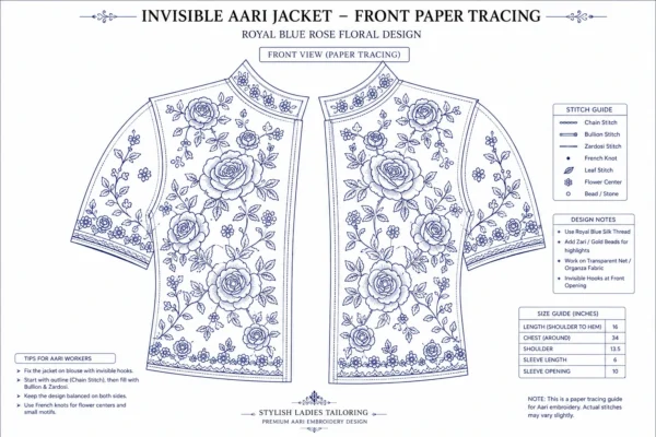 2 in 1 Invisible Aari Jacket – Royal Blue Rose Floral Detachable Aari Design front paper tracing