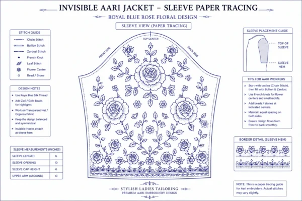 2 in 1 Invisible Aari Jacket – Royal Blue Rose Floral Detachable Aari Design sleeve paper tracing