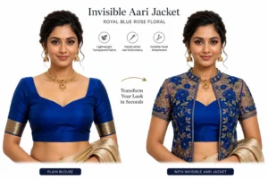 2 in 1 Invisible Aari Jacket – Royal Blue Rose Floral Detachable Aari Design