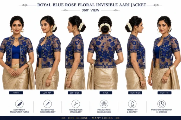 2 in 1 Invisible Aari Jacket – Royal Blue Rose Floral Detachable Aari Design 360 view