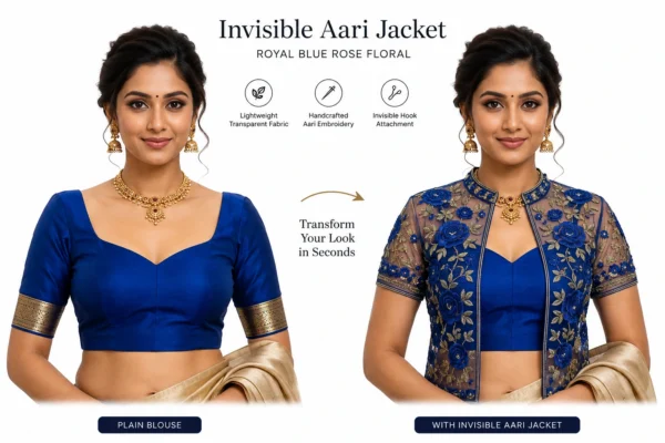 2 in 1 Invisible Aari Jacket – Royal Blue Rose Floral Detachable Aari Design