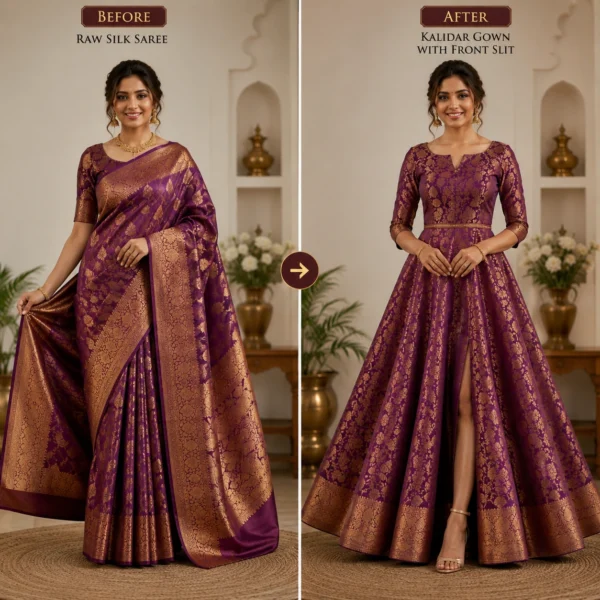 Custom Saree to Kalidar Gown with Front Slit Conversion