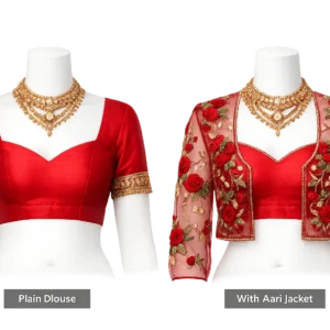 Side profile of transparent organza bridal Aari jacket