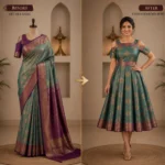 Saree-Inspired Art Silk Cold-Shoulder Midi Dress – Elegant Modern Ethnic Wear for Parties & Festive Occasions