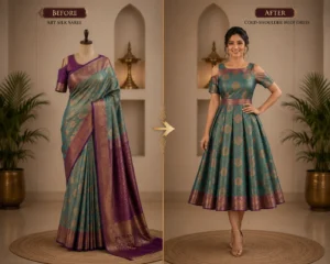 Saree-Inspired Art Silk Cold-Shoulder Midi Dress – Elegant Modern Ethnic Wear for Parties & Festive Occasions