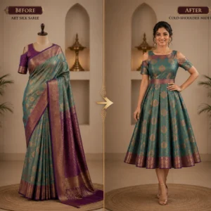 Saree-Inspired Art Silk Cold-Shoulder Midi Dress – Elegant Modern Ethnic Wear for Parties & Festive Occasions
