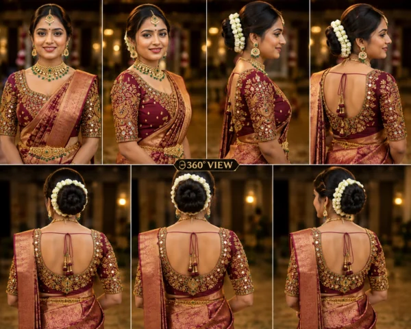 360-degree view of premium wine maroon Bridal Peacock Aari Work Blouse showcasing front, back and sleeve embroidery for wedding wear.