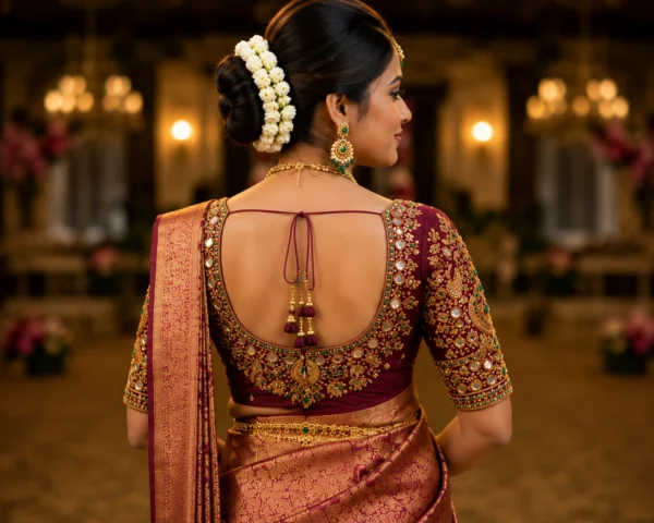 Back view of luxury Bridal Peacock Aari Work Blouse featuring deep U-neck, mirror work, handcrafted Maggam embroidery and peacock motif.