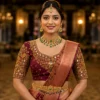 Premium Bridal Peacock Aari Work Blouse front view in wine maroon silk with mirror work, Maggam embroidery and designer neckline.