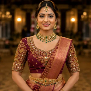 Premium Bridal Peacock Aari Work Blouse front view in wine maroon silk with mirror work, Maggam embroidery and designer neckline.