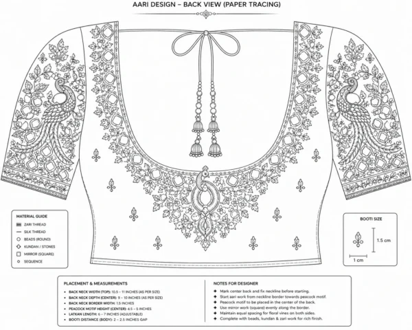 Back view of luxury Bridal Peacock Aari Work Blouse featuring deep U-neck, mirror work, handcrafted Maggam embroidery and peacock motif paper tracing
