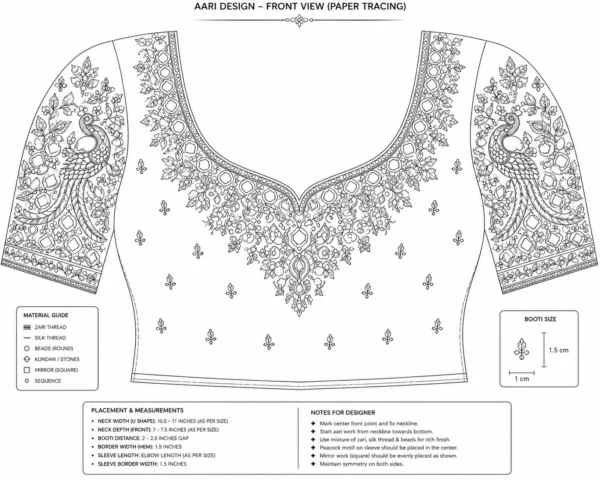 Premium Bridal Peacock Aari Work Blouse front view in wine maroon silk with mirror work, Maggam embroidery and designer neckline paper tracing