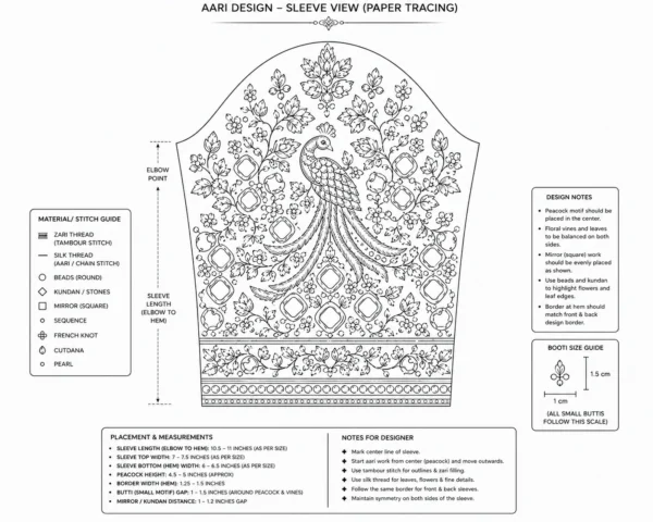 Close-up sleeve view of Bridal Peacock Aari Embroidery with heavy mirror work, zari, kundan stones and intricate peacock design paper tracing